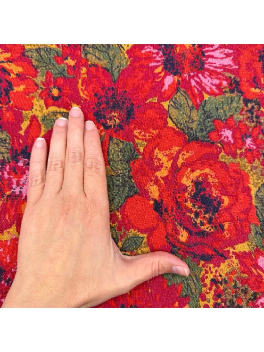 Floral Tablecloth Handmade Mid Century Red Pink Green Flowers Vintage 64 x 45